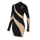 Hollow Out Patchwork O-Neck Full Sleeve Bodycon Mini Dress, ibuyxi.com