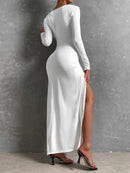 Hollow Out High Split Square Collar Full Sleeve Bodycon Maxi Dress, ibuyxi.com
