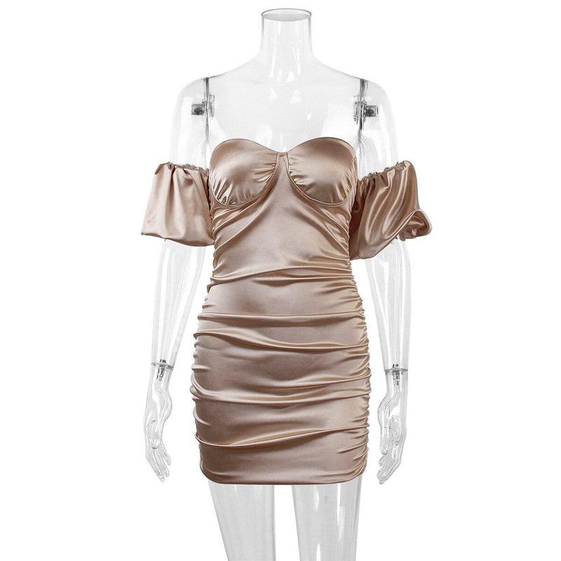 Satin Off-Shoulder Ruched Puff Sleeve Backless Bodycon Mini Dress, ibuyxi.com
