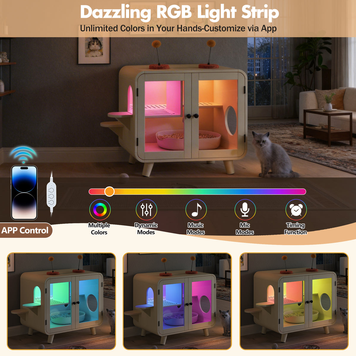 Cat Hidden Litter Box Enclosure With RGB LED Light - view 2