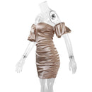 Satin Off-Shoulder Ruched Puff Sleeve Backless Bodycon Mini Dress, ibuyxi.com