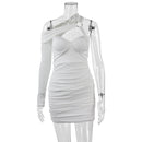 One-Shoulder Hollow Out Ruched Robe White Backless Bodycon Mini Dress, ibuyxi.com