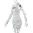 One-Shoulder Hollow Out Ruched Robe White Backless Bodycon Mini Dress, ibuyxi.com