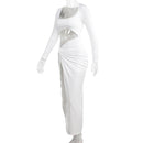Hollow Out High Split Square Collar Full Sleeve Bodycon Maxi Dress, ibuyxi.com