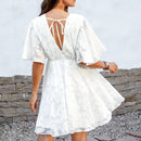 White Floral Jacquard Flowy Chiffon Mini Dress For Women Sexy V-neck Ruffled Short Sleeve A-line Dress 2023 Summer Female Dress, ibuyxi.com