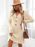MISS PETAL Beige V-neck Sweater Dress For Woman Sexy Button Long Sleeve Mini Dress 2023 Autumn Winter Casual Loose Dress, ibuyxi.com