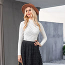 White Ruched Jersey Knit Top For Women Casual Long Sleeve Fitted Pullovers Top 2023 Spring Autumn Knitted Basic Tee Streetwear, ibuyxi.com