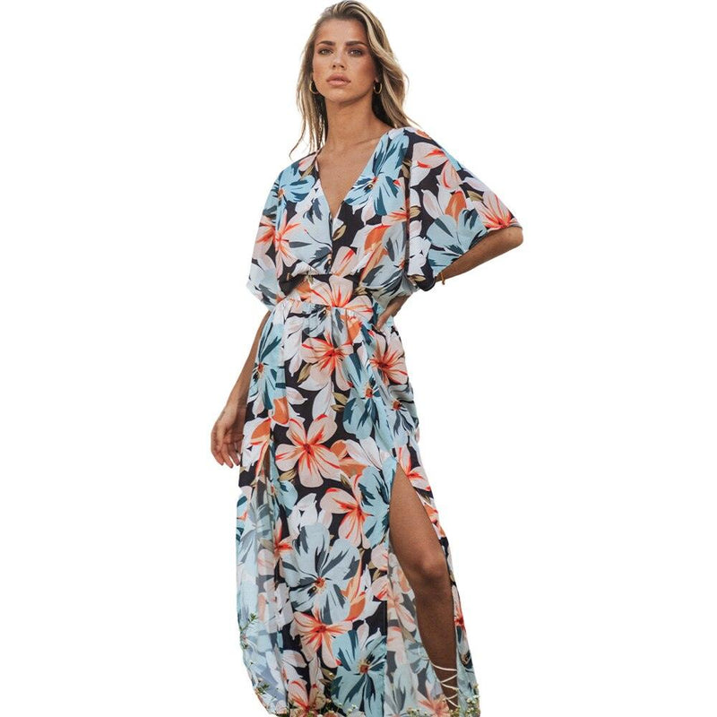 Blue Tropical Floral Maxi V-neck Dress For Women Sexy Short Sleeve A-line Holiday Beach Split Dress 2023 Summer Female Sundress, ibuyxi.com