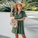 Green V-Neck Button Mini Dress For Women Sexy Short Sleeve Casual Loose Babydoll Dress 2023 Summer Female Sundress, ibuyxi.com