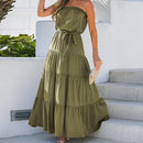 Olive Green Belted Tube Maxi Dress For Women Sexy Strapless Long Beach Holiday A-line Dress 2023 Summer Sundress, ibuyxi.com