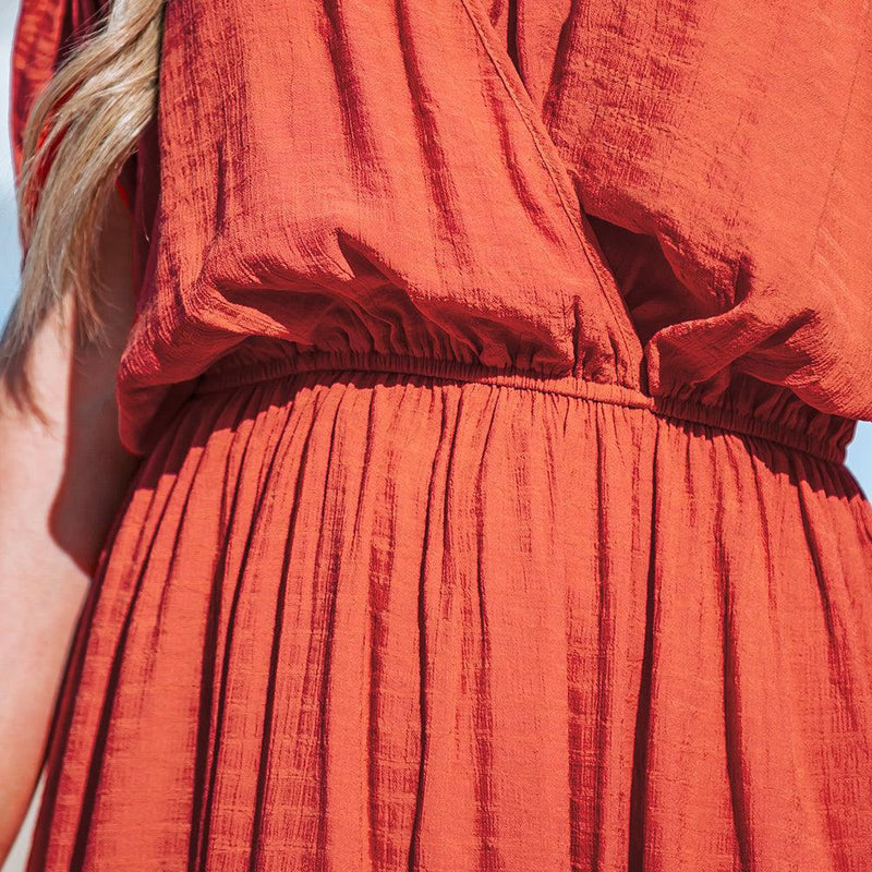 Orange Surplice Ruched Maxi Dress For Women Sexy Elasticized Waist Short Sleeve Long A-line Beach Dress 2023 Summer Sundress, ibuyxi.com