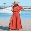 Orange Surplice Ruched Maxi Dress For Women Sexy Elasticized Waist Short Sleeve Long A-line Beach Dress 2023 Summer Sundress, ibuyxi.com