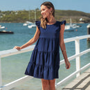 Ruffled Mini Babydoll Mini Dress For Women Navy Blue Sexy O-neck Cap Sleeve Holiday Beach Loose Dress 2023 Summer Female Dress, ibuyxi.com