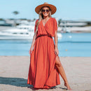 Orange Surplice Ruched Maxi Dress For Women Sexy Elasticized Waist Short Sleeve Long A-line Beach Dress 2023 Summer Sundress, ibuyxi.com
