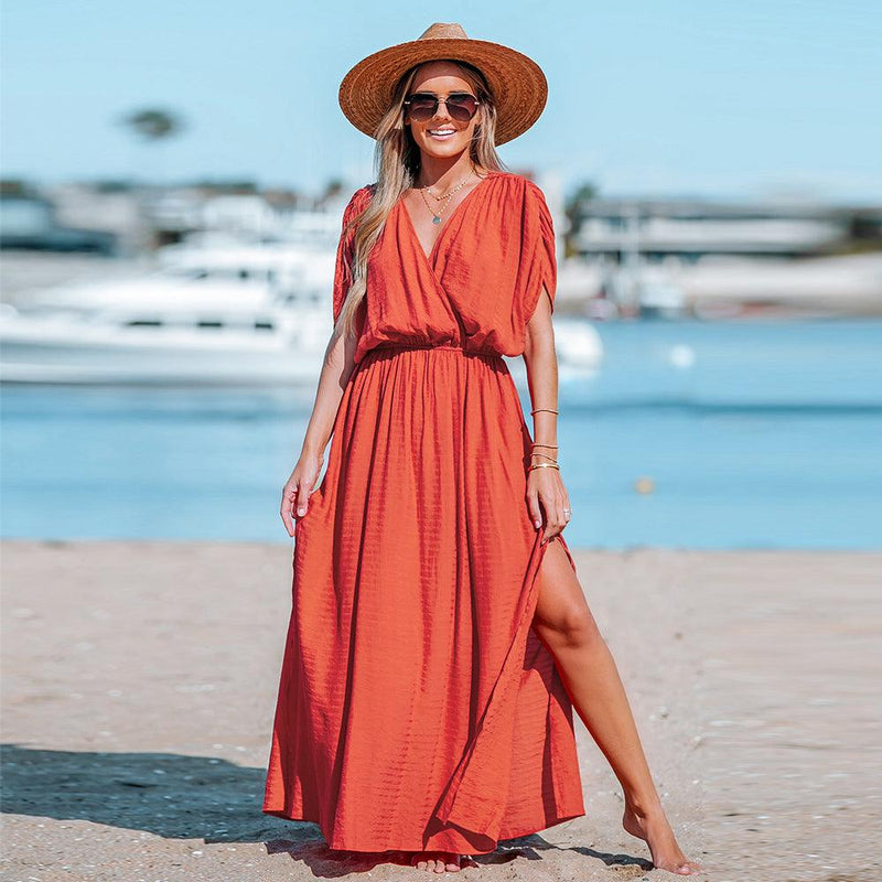 Surplice Ruched Elasticized Waist Short Sleeve A-line Maxi Sundress | iBuyXi Surplice Ruched Elasticized Waist Short Sleeve A-line Maxi Sundress | iBuyXi