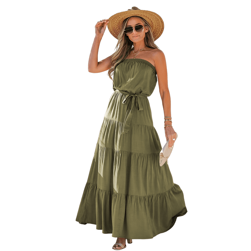 Olive Green Belted Tube Maxi Dress For Women Sexy Strapless Long Beach Holiday A-line Dress 2023 Summer Sundress, ibuyxi.com