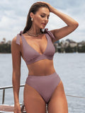 Banded V-Neck Bralette And High Waist Bikini Set For Women Two Pieces Swimsuit 2023 Beach Swimwear Bathing Suits, ibuyxi.com