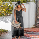 Black Lace Trim Maxi Dress For Women Sexy V-neck Spaghetti Straps Long A-line Holiday Beach Dress 2023 Summer Sundress, ibuyxi.com