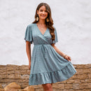 Flared Sleeve V-neck Ruffle Mini Dress For Women Sexy Tie Waist A-line Dress 2023 Summer Female Dress, ibuyxi.com