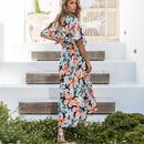 Blue Tropical Floral Maxi V-neck Dress For Women Sexy Short Sleeve A-line Holiday Beach Split Dress 2023 Summer Female Sundress, ibuyxi.com