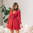 Red Tie Ruffle Cake Mini Dress For Women Sexy V-neck Long Sleeve A-line Dress 2023 Summer Sundress, ibuyxi.com