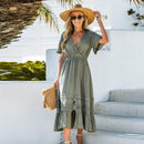 Green V-neck Lace Trim Maxi Dress For Women Sexy Short Sleeve Elastic Waist Long Beach Holiday A-line Dress 2023 Summer Sundress, ibuyxi.com