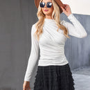 White Ruched Jersey Knit Top For Women Casual Long Sleeve Fitted Pullovers Top 2023 Spring Autumn Knitted Basic Tee Streetwear, ibuyxi.com