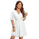 White Floral Jacquard Flowy Chiffon Mini Dress For Women Sexy V-neck Ruffled Short Sleeve A-line Dress 2023 Summer Female Dress, ibuyxi.com