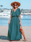 Orange Surplice Ruched Maxi Dress For Women Sexy Elasticized Waist Short Sleeve Long A-line Beach Dress 2023 Summer Sundress, ibuyxi.com