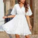 White Floral Jacquard Flowy Chiffon Mini Dress For Women Sexy V-neck Ruffled Short Sleeve A-line Dress 2023 Summer Female Dress, ibuyxi.com
