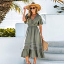 Green V-neck Lace Trim Maxi Dress For Women Sexy Short Sleeve Elastic Waist Long Beach Holiday A-line Dress 2023 Summer Sundress, ibuyxi.com
