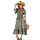 Green V-neck Lace Trim Maxi Dress For Women Sexy Short Sleeve Elastic Waist Long Beach Holiday A-line Dress 2023 Summer Sundress, ibuyxi.com