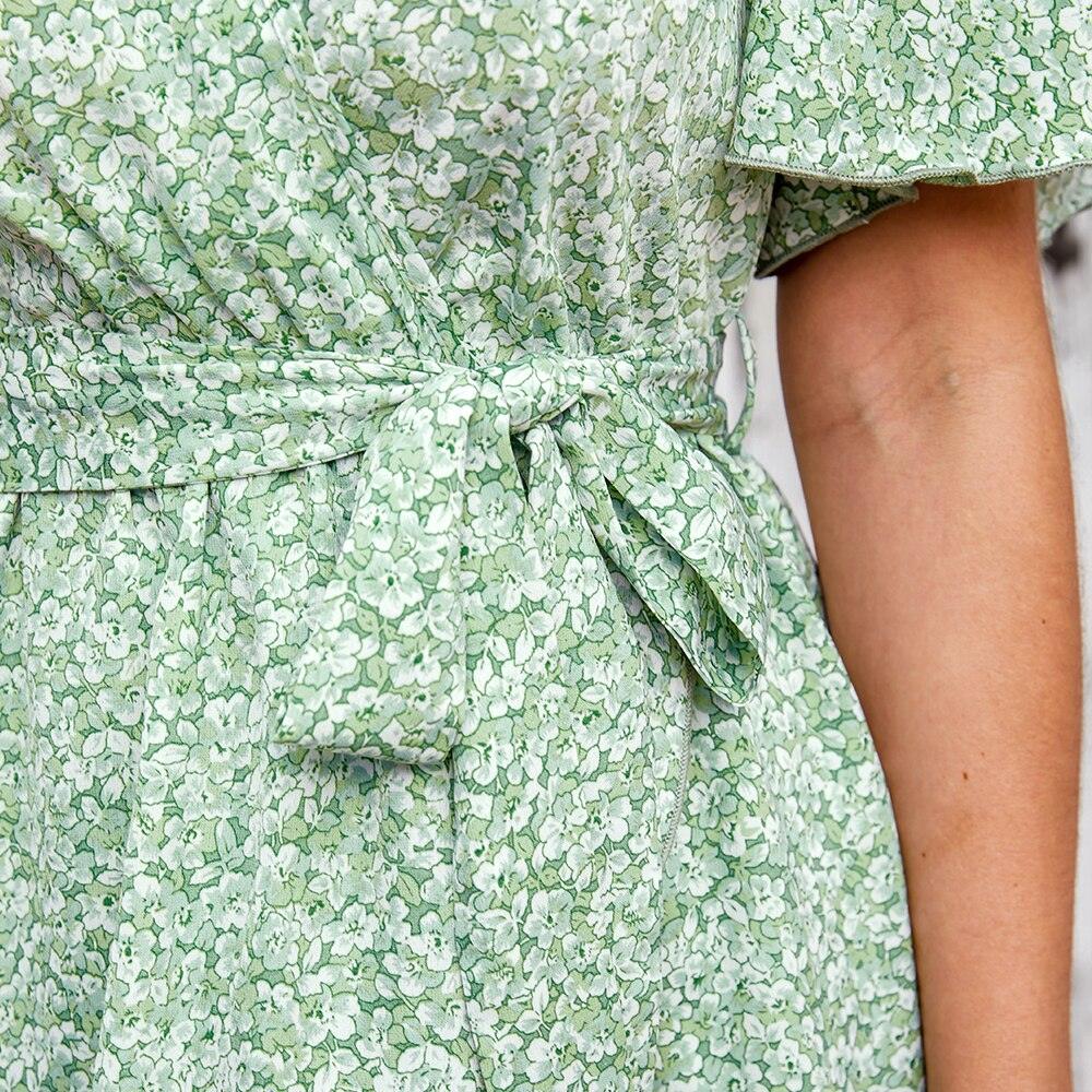 Floral V-Neck Belted Wrap-Tie Short Sleeve A-line Mini Dress | iBuyXi Green / M