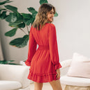 Red Tie Ruffle Cake Mini Dress For Women Sexy V-neck Long Sleeve A-line Dress 2023 Summer Sundress, ibuyxi.com
