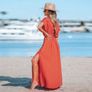 Orange Surplice Ruched Maxi Dress For Women Sexy Elasticized Waist Short Sleeve Long A-line Beach Dress 2023 Summer Sundress, ibuyxi.com