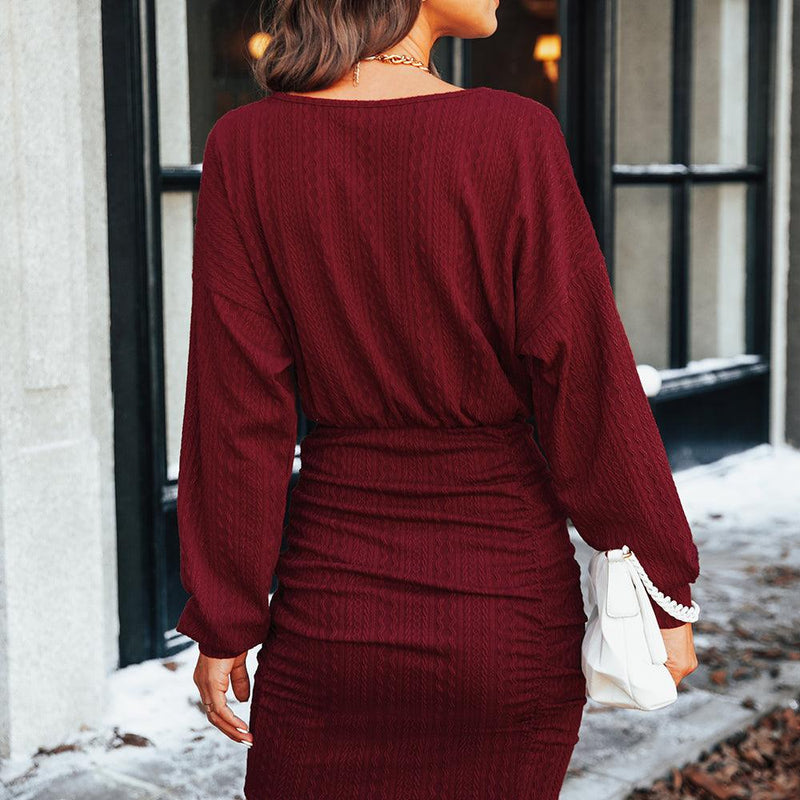 Burgundy Red Ruched Bodycon Mini Dress For Women Sexy O-neck Long Sleeve Party Bodycon Dress 2023 Spring Autumn Female Dress, ibuyxi.com