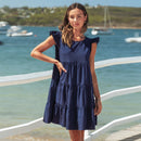 Ruffled Mini Babydoll Mini Dress For Women Navy Blue Sexy O-neck Cap Sleeve Holiday Beach Loose Dress 2023 Summer Female Dress, ibuyxi.com