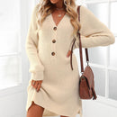 MISS PETAL Beige V-neck Sweater Dress For Woman Sexy Button Long Sleeve Mini Dress 2023 Autumn Winter Casual Loose Dress, ibuyxi.com