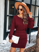 Burgundy Red Ruched Bodycon Mini Dress For Women Sexy O-neck Long Sleeve Party Bodycon Dress 2023 Spring Autumn Female Dress, ibuyxi.com