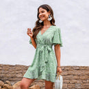 Green Ditsy Floral V-neck Belted Mini Dress For Women Sexy Wrap Tie Short Sleeve A-line Beach Dress 2023 Summer Female Dress, ibuyxi.com