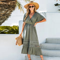 Green V-neck Lace Trim Maxi Dress For Women Sexy Short Sleeve Elastic Waist Long Beach Holiday A-line Dress 2023 Summer Sundress, ibuyxi.com