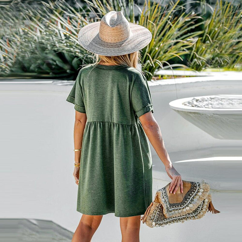 Green V-Neck Button Mini Dress For Women Sexy Short Sleeve Casual Loose Babydoll Dress 2023 Summer Female Sundress, ibuyxi.com