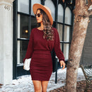 Burgundy Red Ruched Bodycon Mini Dress For Women Sexy O-neck Long Sleeve Party Bodycon Dress 2023 Spring Autumn Female Dress, ibuyxi.com