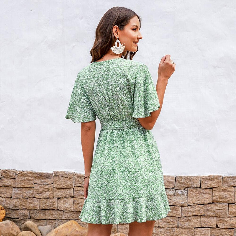 Green Ditsy Floral V-neck Belted Mini Dress For Women Sexy Wrap Tie Short Sleeve A-line Beach Dress 2023 Summer Female Dress, ibuyxi.com