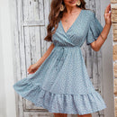Flared Sleeve V-neck Ruffle Mini Dress For Women Sexy Tie Waist A-line Dress 2023 Summer Female Dress, ibuyxi.com