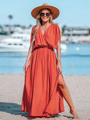 Orange Surplice Ruched Maxi Dress For Women Sexy Elasticized Waist Short Sleeve Long A-line Beach Dress 2023 Summer Sundress, ibuyxi.com