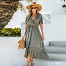 Green V-neck Lace Trim Maxi Dress For Women Sexy Short Sleeve Elastic Waist Long Beach Holiday A-line Dress 2023 Summer Sundress, ibuyxi.com