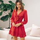 Red Tie Ruffle Cake Mini Dress For Women Sexy V-neck Long Sleeve A-line Dress 2023 Summer Sundress, ibuyxi.com