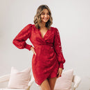 Red Long Sleeve V-neck Mini Dress For Women Sexy Cut Out Back A-line Party Holiday Beach Dress 2023 Summer Sundress, ibuyxi.com