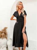 Black V-Neck Slit Maxi Dress For Women Sexy Banded Waist Short Sleeve Holiday Beach A-line Dress 2023 Summer Female Dress, ibuyxi.com
